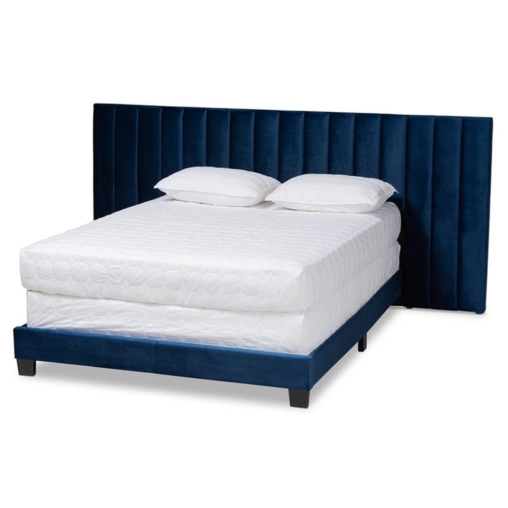 Wholesale Interiors Baxton Studio Fiorenza King Size Navy Blue Velvet Panel Bed with Headboard